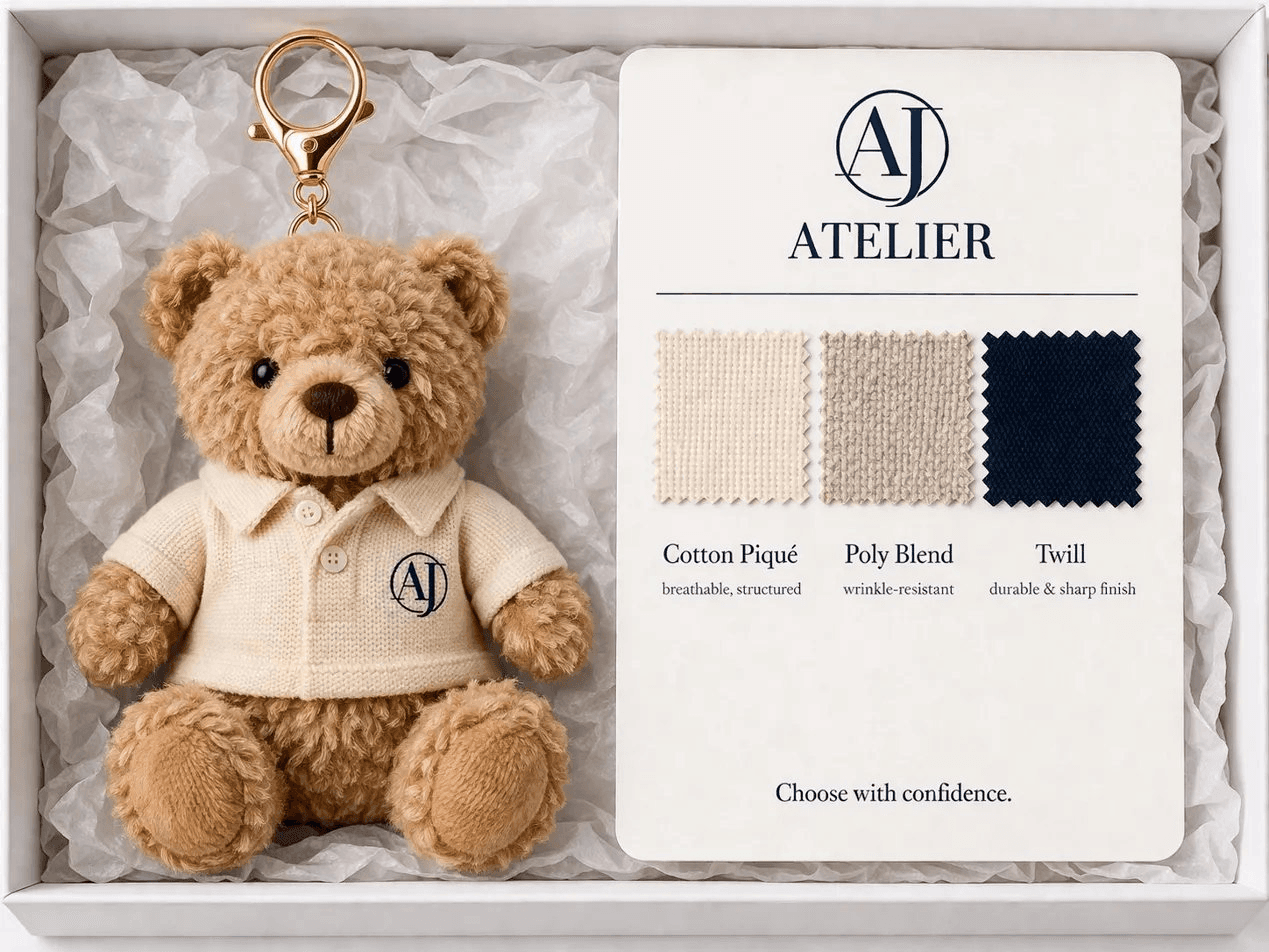 AJ Atelier sample kit with fabric swatches and branded bear keychain
